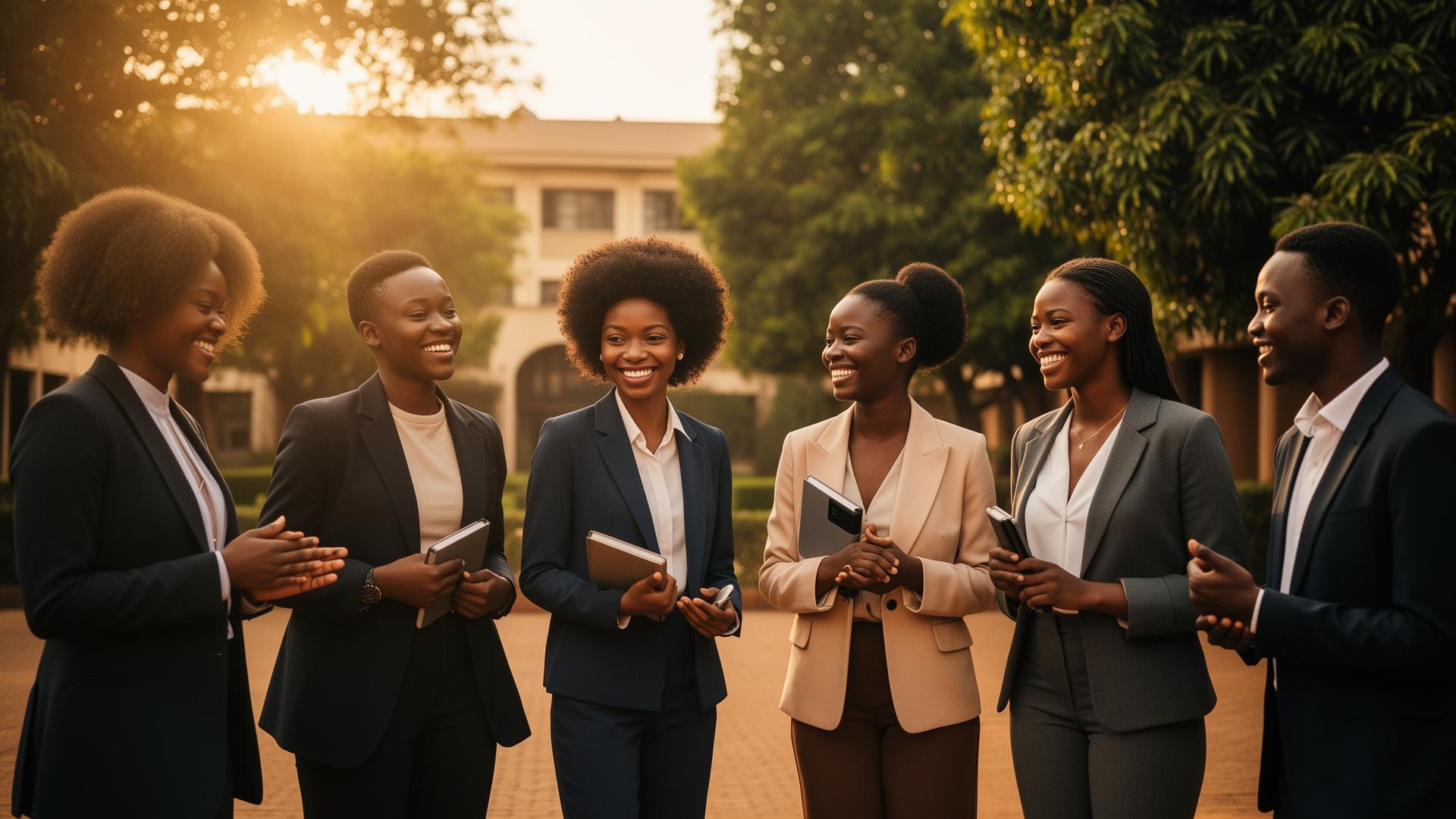 Young African leaders gathered on campus at golden hour