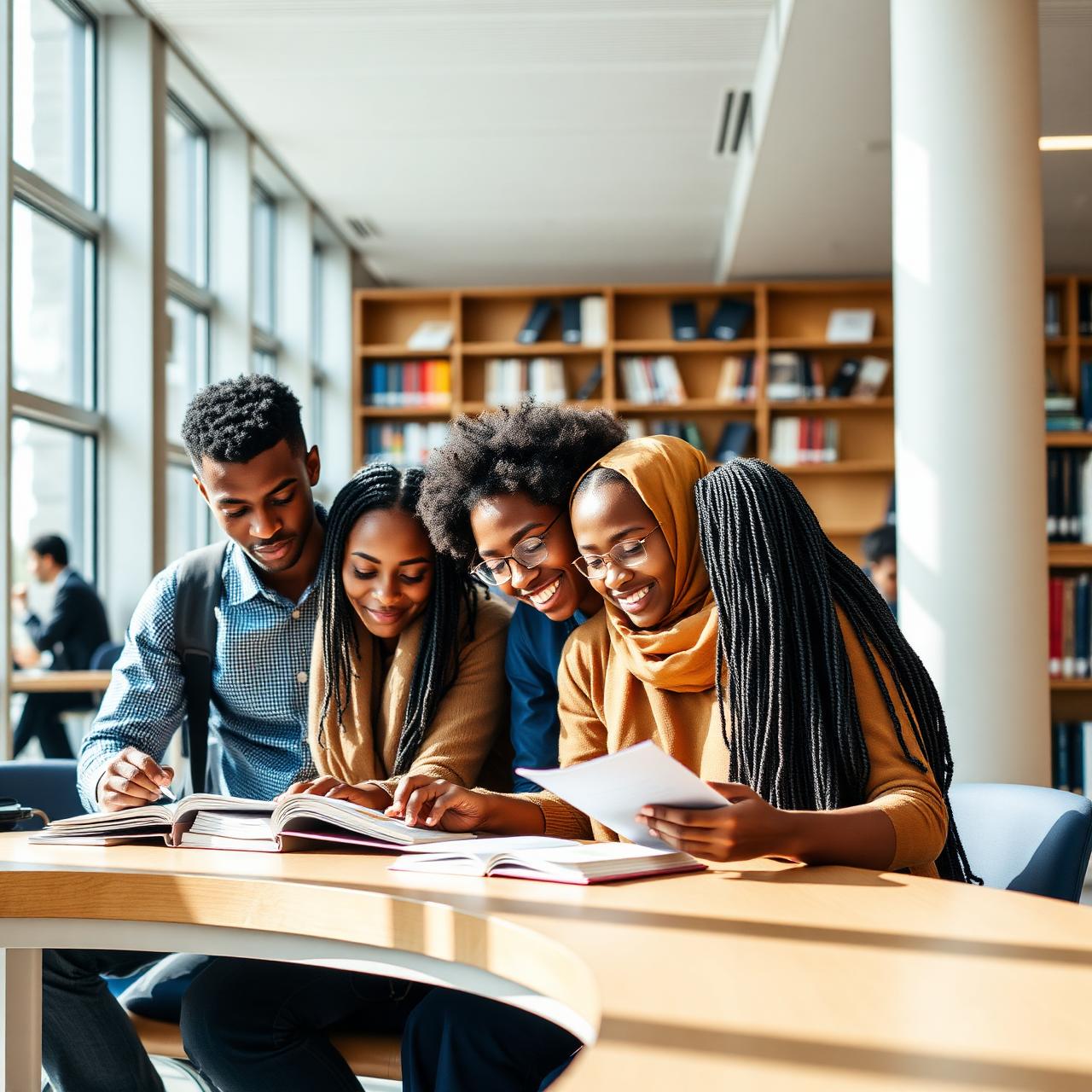 African students collaborating in a modern library